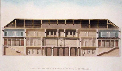 ブリュッセルのパレ・デ・エタッツ・ジェネラルの断面図、ピエール・ジャック・ゴエッヘビュール著「Choix des Monuments, Edifices et Maisons les plus remarquables du Royaume des Pays-Bas」（1827年発行）より（アクアチント）（189231も参照