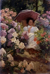 日傘をさす少女。花咲く庭で日傘をさす少女。チャールズ・ウェリントン・ファース（1868-1904 イギリス）作 個人蔵