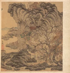 古代の巨匠の後の絵画：秋の風景の旅人、1598-1652年。