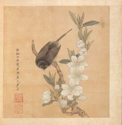 エンシェントマスターズ後の絵画：鳥と桃の花の枝、アルバムリーフ