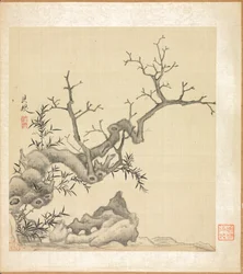 古代の巨匠による絵画: 岩、古木、竹