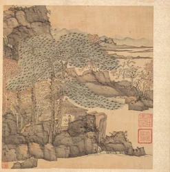古代の巨匠の後の絵画：滝のそばのわらぶき屋根の小屋での学者の読書、1598〜1652年。