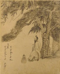 松の下でエリクサーを準備する、清朝、1651年（金の紙にインク）