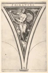 春のプリマベーラは、うねるドレープと花輪を身に着けた女性として表されます..., ca. 1570-1615。