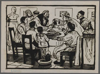 大晦日を祝うために飲み物を飲みましょう、1945年頃（木版画）