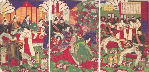 鹿児島の反乱軍平定の指導者たちが杯で祝う...、1877年9月20日。