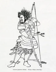 古代日本人の射手、ヘンリーユール訳のマルコポーロとルスティチェロダピサによる「マルコポーロの旅」のイラスト、1871年に初版