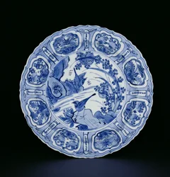 風景に鳥が描かれた青と白のクラークプレート、白鷺のマーク、ワンリ、1595-1605（磁器）（205991を参照）