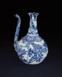 鳥と花で描かれた青と白のクラークザクロの水差し、Wanli、1580-1600（磁器）