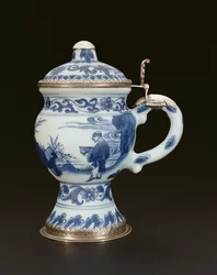学者と付添人で描かれたカバー付きの青と白のマスタードポット、Chongzheng、1635-40（磁器）