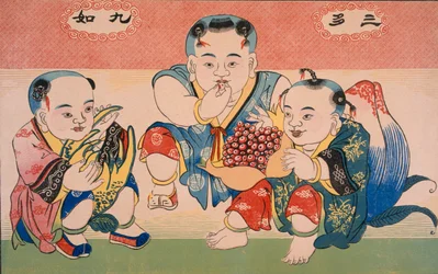 果物を食べる子供たち（版画）