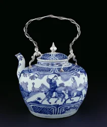 ヨーロピアンハンドル付き中国のティーポット、過渡期、1640年頃（磁器と銀）