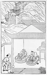 陶磁器の製造に関する一連のイラストから、着色用の青いエナメルを収集して洗浄します（シリーズ全体については384116および384117を参照）