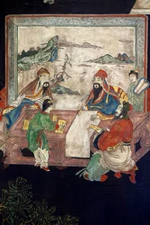 中国のコロマンデル漆パネル、細部、c.1730