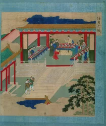 皇帝ホイツング（r.1100-26）は、中国の皇帝の歴史に由来する貴重な石で作られたカップから飲む祭りに参加（絹の色）