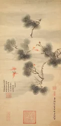 松の枝に囲まれたコウモリ5匹、1844年