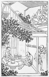 陶磁器の製造に関する一連のイラストからの陶芸家のホイールの成形と配置（シリーズ全体については384116および384117を参照）