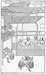 中国の製造に関する一連のイラストからの完成品の梱包および輸送（シリーズ全体については384116および384117を参照）