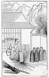 陶磁器の製造に関する一連のイラストからの陶磁器の梱包（シリーズ全体については384116および384117を参照）