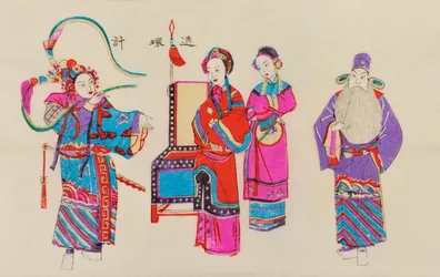 中国のオペラシーンのプリント（紙に色の木版）