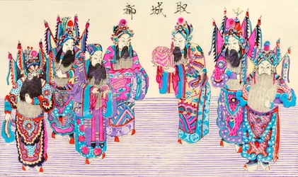 中国のオペラシーンのプリント（紙に色の木版）