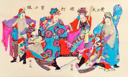 中国のオペラシーンのプリント（紙に色の木版）