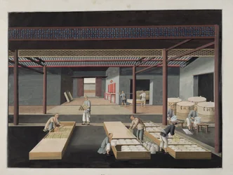 19世紀の中国の磁器製造のプロセスを描いた一連の12の皿12のボウルと皿の箱と包装