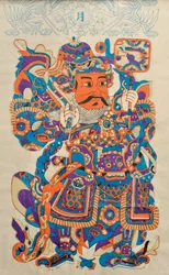 中国のドアの守護神を示す木版画（カラー木版画）