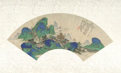 イモータルの宮殿、扇子はアルバムリーフとしてマウント、1753年（インク、色、紙の上の金）