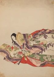 扇を持って前かがみで座る宮廷女性、画帖『錦摺女三十六歌仙絵尽し』より