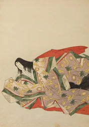 緑と黄色の模様がある淡い紫色の衣をまとって座る宮廷女性、画帖「錦摺女三十六歌仙絵尽」より