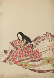 白と赤の菱形模様の衣をまとって座る女官、画帖「錦摺女三十六歌仙絵尽」より