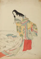 扇を持って立つ宮廷女官、画帖『錦摺女三十絵尽』より