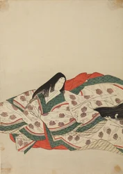 水に浮かぶ子鴨模様の白い着物を着た女官、画帖『錦摺女三十六歌仙絵尽』より