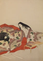 机で筆を持つ宮廷の女性、画帖「三十六歌仙」より