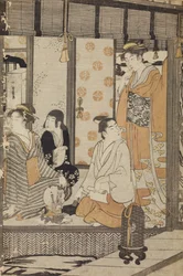 家の中の二人の女、若者、少女