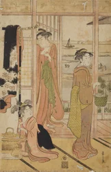 湖を望む室内に立つ二人の女性と一人の少女