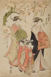 仄山（旧姓：俵屋）の花魁と、その付き添いの女性、そしてチドリとタツタという二人のカムロ