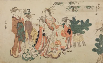 二人の新造と二人の禿に囲まれた、新年の散策中の花魁
