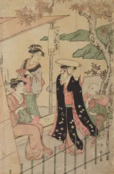街道沿いの茶屋の前の三人の女性と少年