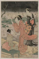 1790年代半ば、ホタルを追いかける小川のそばの女性たち。
