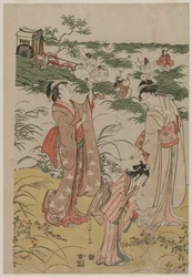 秋の野原でコオロギを追う女たち