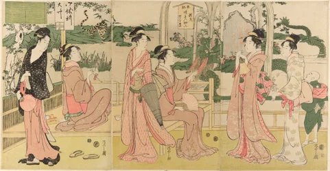 たばこの袋で作った龍虎を見る女性たち
