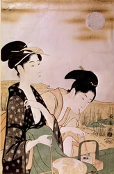 月を愛でる：二人の女性の喫煙栄松斎の版画（18世紀後半～19世紀前半に活躍