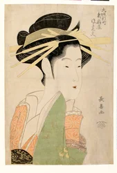 Portrait de la courtisane Tsukasa Dayu de Higashi Ogiya dans le quartier Shinmachi de Osaka - Estampe de Eishosai Choki (actif vers 1780-1809), vers 1800, linogravure - Tsukasa Dayu of Higashi Ogiya in Osaka