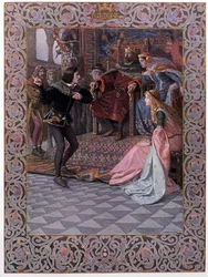 ハムレット、クローディアス王、ガートルード王妃、オフィーリアの前で - ウィリアム・シェイクスピア（1564-1616）作『ハムレット』の場面、1900年頃
