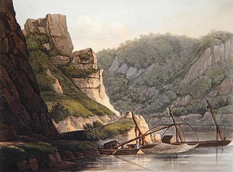 ラーリーの鮭漁場、T.サザーランドの彫刻、「A Picturesque Tour along the Rhine, from Mentz to Cologne」（R. Ackermann, London出版）より