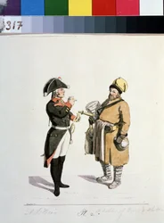 モスクワ商人のシリーズ: sbiten の売り手。 Sbiten vendor (シリーズ The Moscow Merchants より)。 クリスチャン・ゴットフリート・ハインリッヒ・ガイスラー (1770-1844) による素描