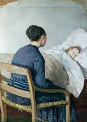 病気の子供の枕元にいる母親