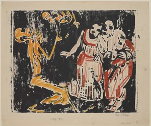ジャグラーとしての死（革命）（Tod als Jongleur [Revolution]）、1918-19（重い織り紙の上に黄色、赤、黒の木版画）